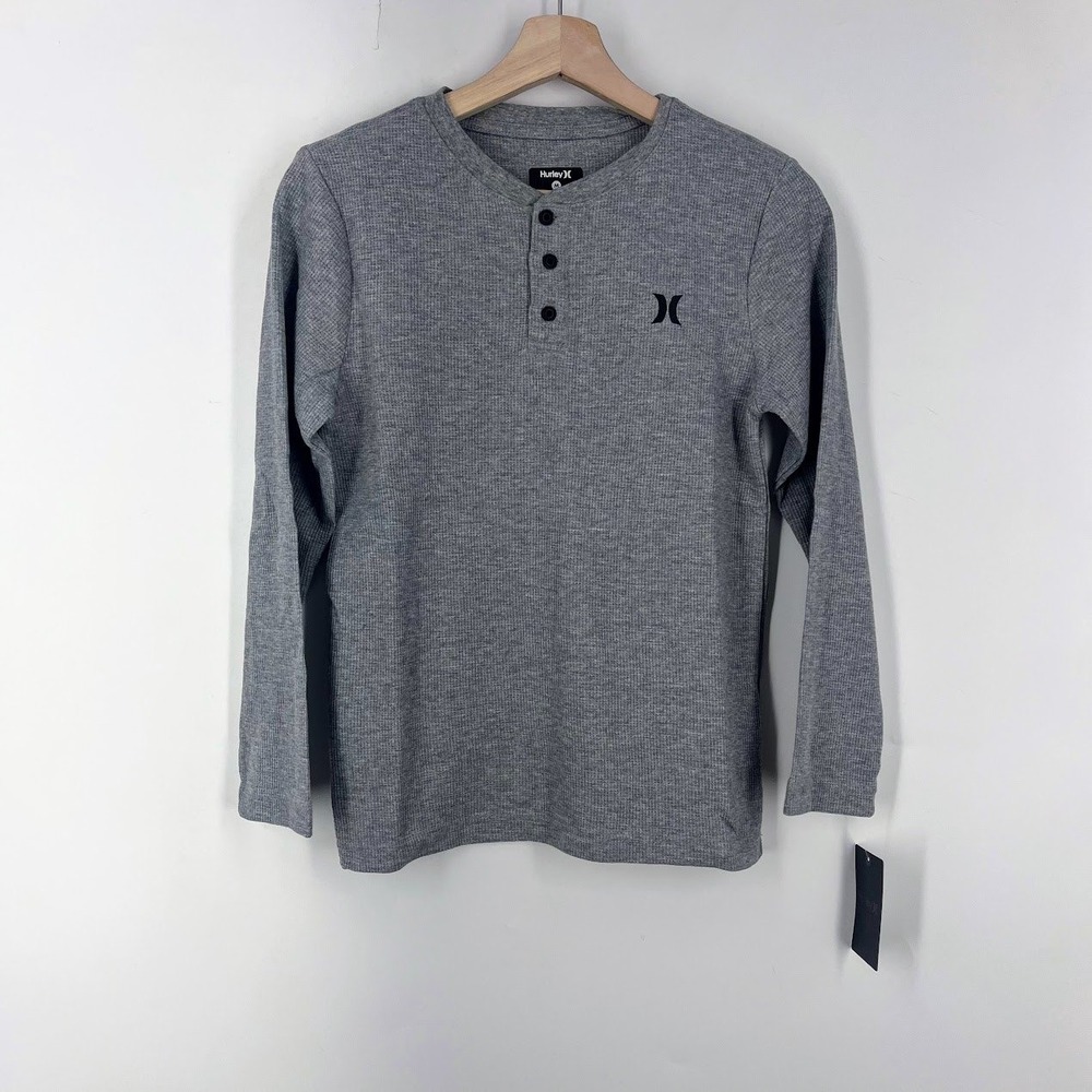 Hurley Boys Henley Shirt Dark Grey Heather Waffle Knit M 10-12 986641-042